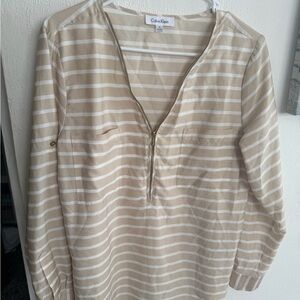 Calvin Klein Beige & White Striped Zip Front Top